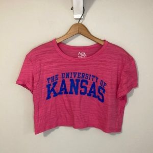The University of Kansas Crop Top Tee, pink with blue letters, size medium